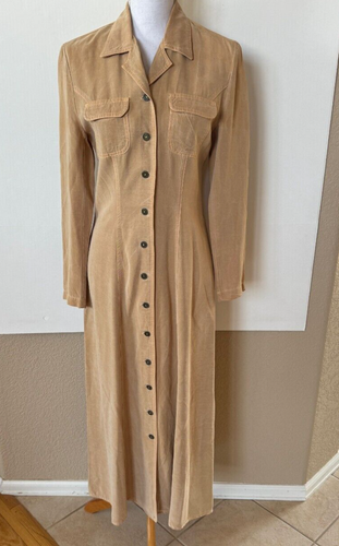 Vintage 90s Y2K Action Wear Maxi Shirt Dress Tan Brown Button Down 36 Bust M