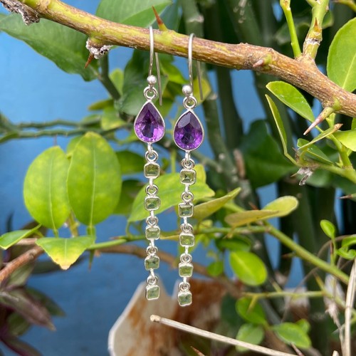 Beautiful Green Peridot Purple Amethyst 925 Sterling Silver Long Statement Ear - Picture 2 of 7