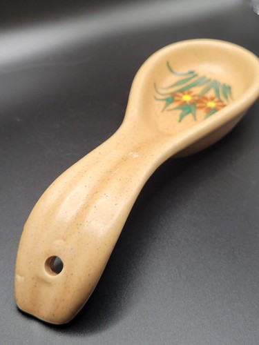 Cucchiaio a riposo in ceramica vintage marrone chiaro con fiori dipinto a mano senza marchio - Foto 5 di 9