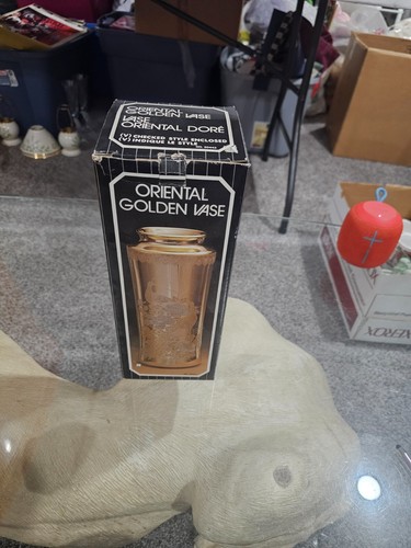 Vintage Etched Floral Peacock Gold Color Tall Vase by Action Japan - Picture 7 of 7