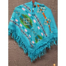 Native Creations Kids Teal Alpaca Southwest Geometric Fringe Hooded Poncho