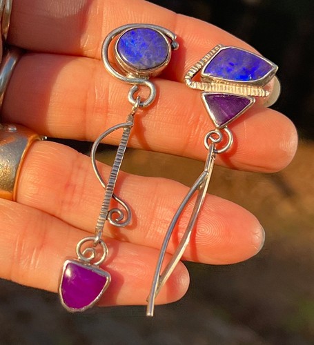 Australian Boulder Opal + Sugilite 925 + 14k Dangle Earrings. 2.5" *Video* - Picture 4 of 11