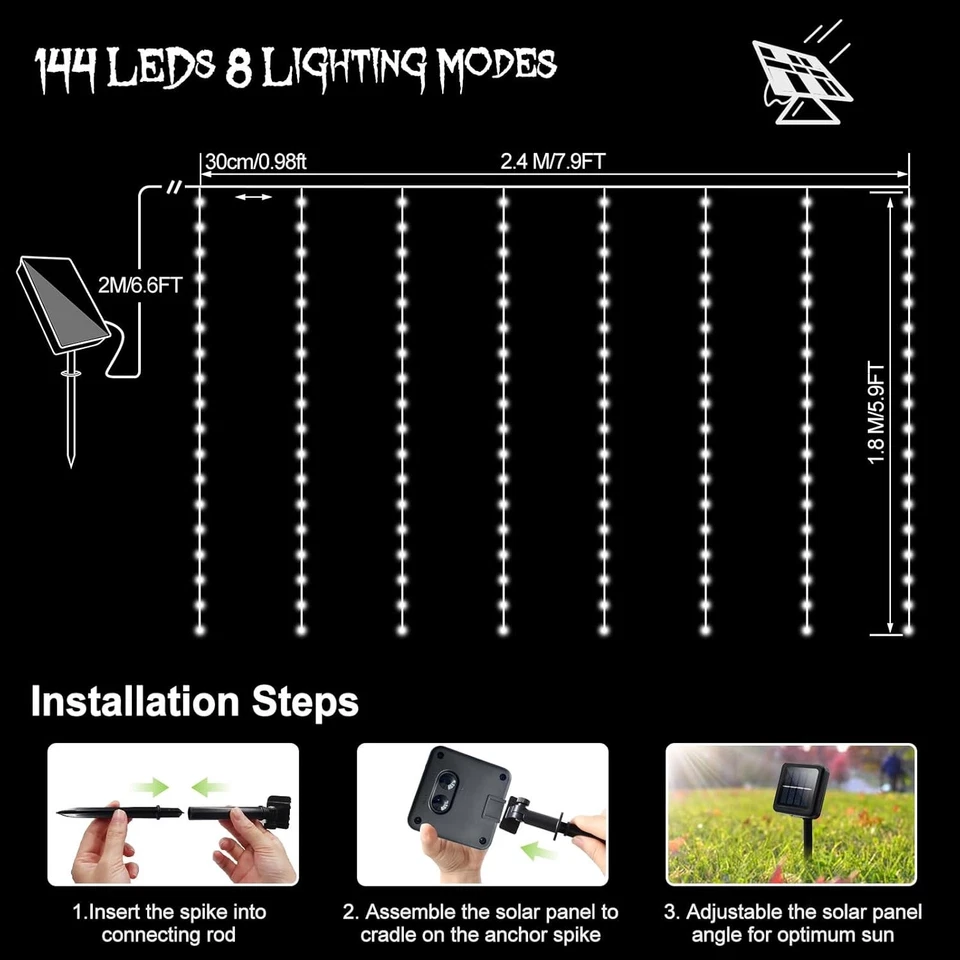 Solar Curtain Lights 7.9ft x 6ft 144 LED Outdoor 7.9Ft x 6Ft, Warm White - Image 2 of 4