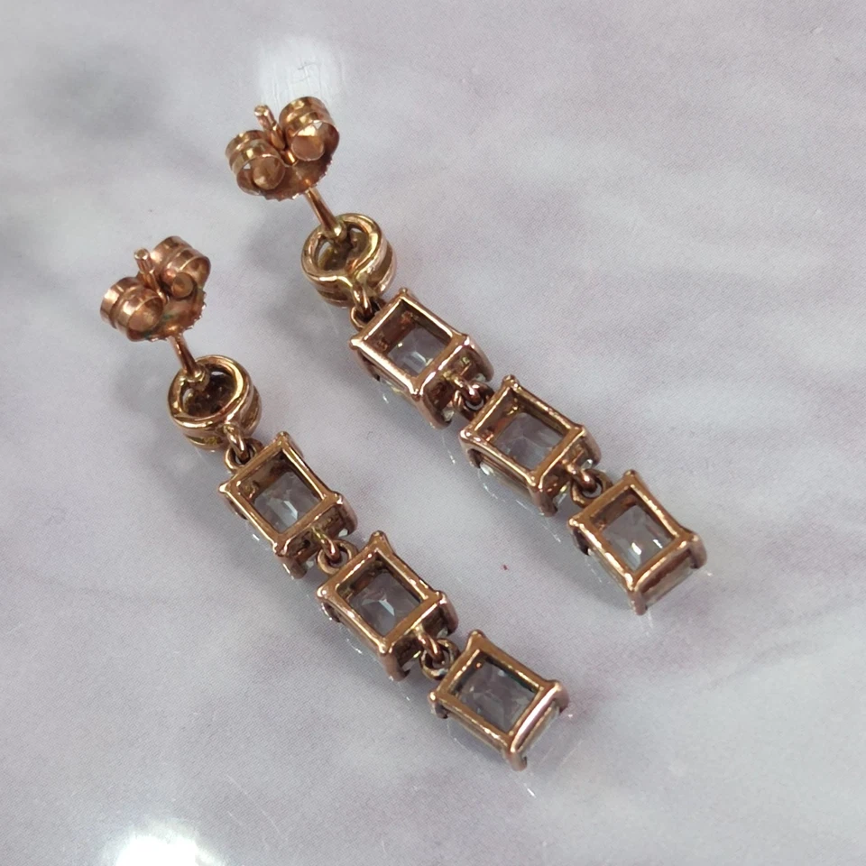 9ct Rose Gold Dangle Drop Earrings Topaz and Diamond Stones Full UK Hallmarked - Image 3 of 4