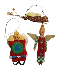 Set of 3 Wooden Folk Art Angels Primitive Rustic Christmas Ornament