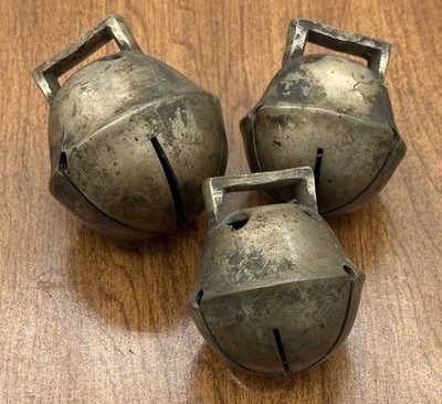 3 Antique Brass Sleigh Bell Rustic Finish Medium Round Traditional Door Decor
