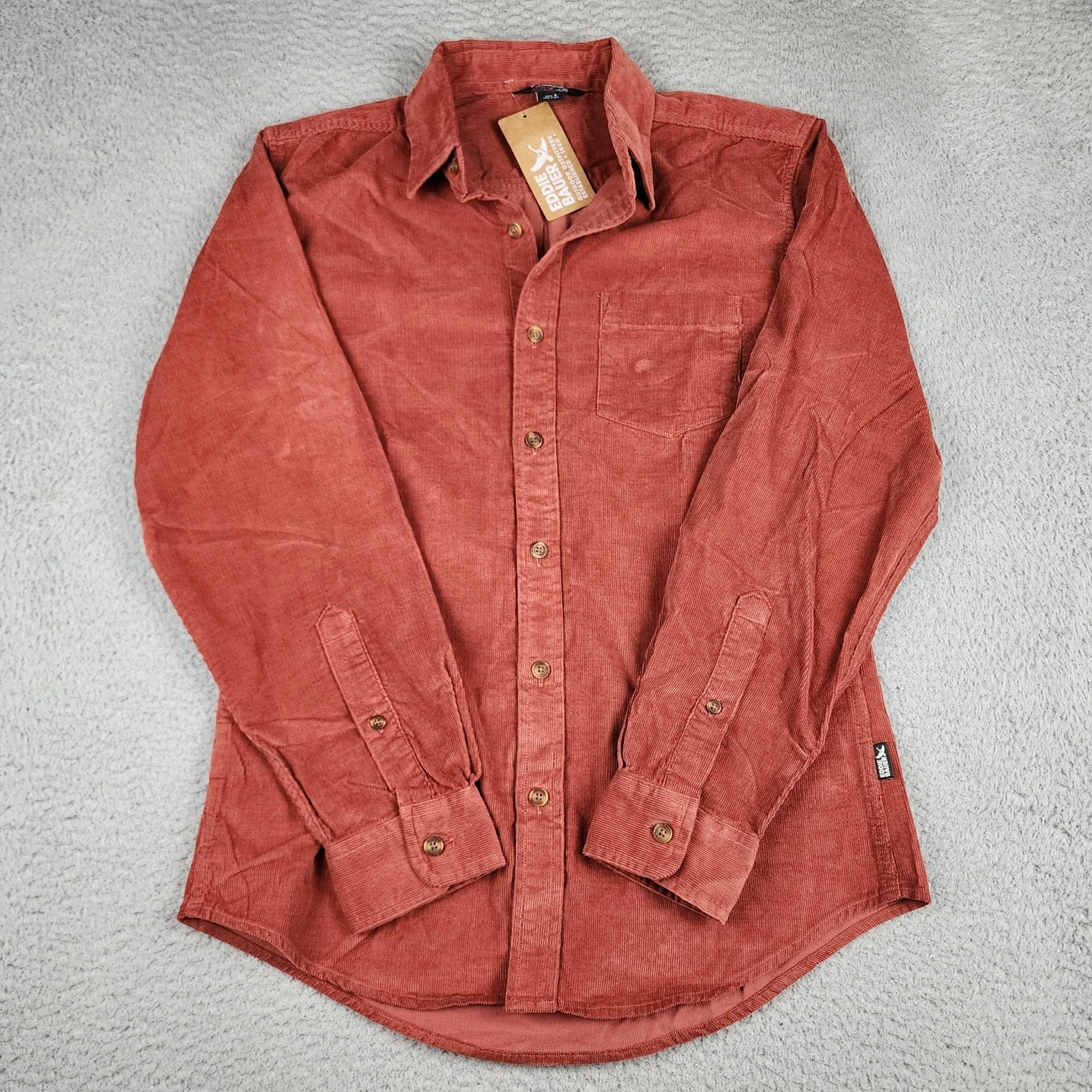 Eddie Bauer Shirt Mens Small Orange Corduroy Long Sleeve Outdoors Hiking Fishing