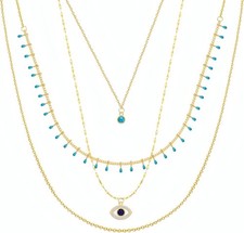 Gold Tone 3 Piece Layered Necklace Set with Blue Evil Eye Bead Chains for Women