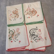 Vintage Hand Embroidered Table Topper Roosters Cotton   set of 4 Red Green Edges