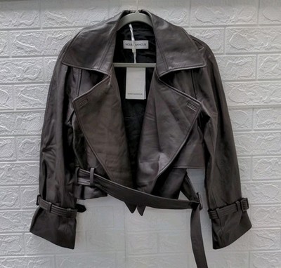 New Nour Hammour Hatti Belted Cropped Leather Jacket Brown/Chocolate Size 34