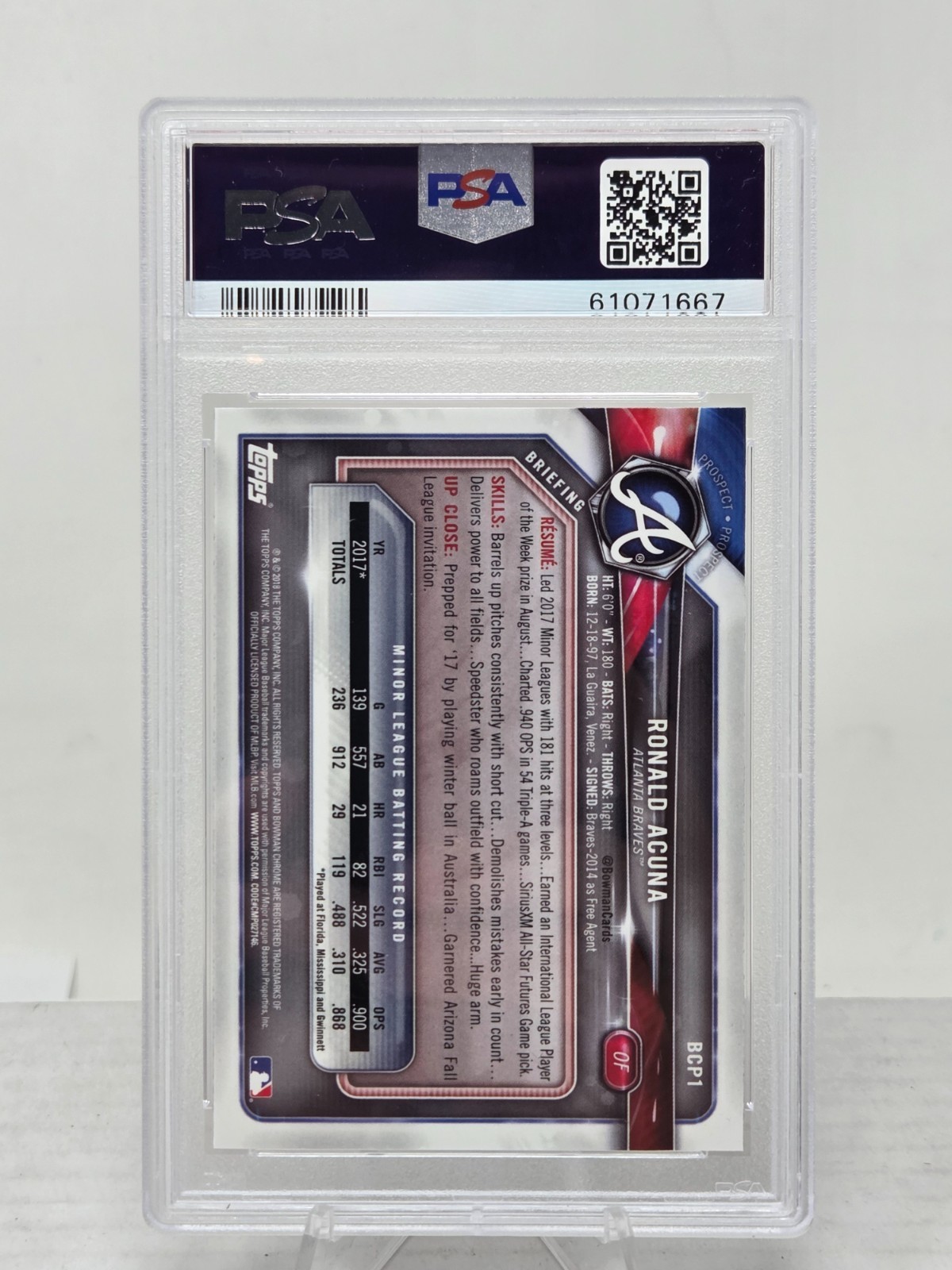 2018 Bowman RONALD ACUNA JR. Rookie Card PSA 9 Mint view 2