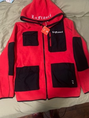 Puma Men s Hoops x LaFrance Holiday Sherpa Fleece Jacket Red Black Hooded L NWT