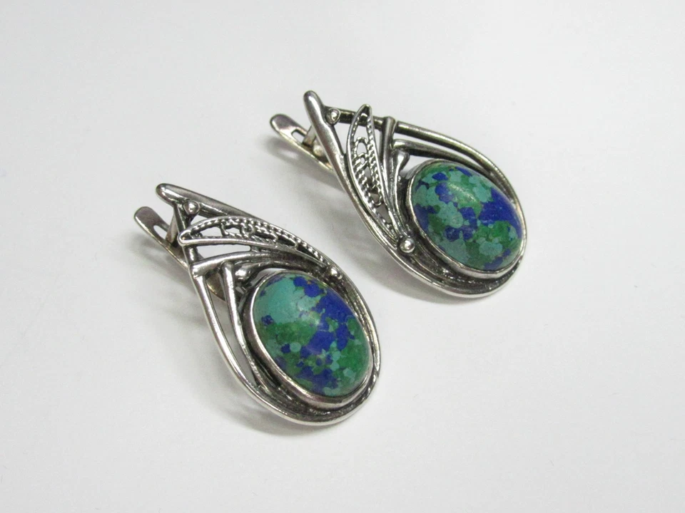 Pendientes mujer plata de ley 925, azurita-malaquita, peso 8,66 g.. Foto 3 de 4