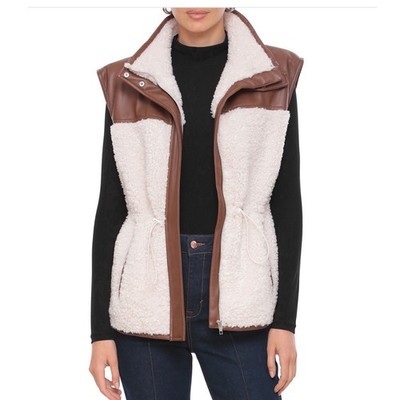 BAGATELLE Faux Shearling Mixed Media Vest Cocoa Dust Sherpa Leather Trim Size L