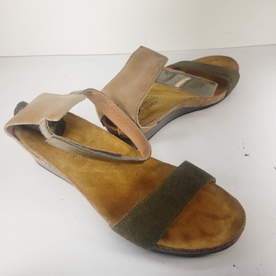 Naot Women's Pixie Wedge Green Beige Silver Metallic Ankle Strap Sandal 40/9M