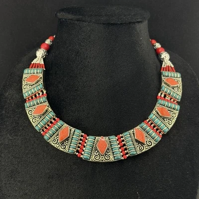 Magnifique collier ras du cou tribal fait main en corail turquoise tibétain i... - Photo 1/4