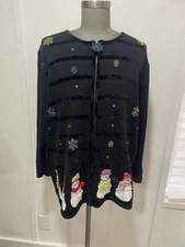 Vintage The Quacker Factory Full Zip Beaded Embroidered Snowman Sweater Size 3X