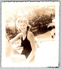Vtg B W Snapshot Smiling Young Woman In Dark One Piece Swimsuit Poolside 1940s