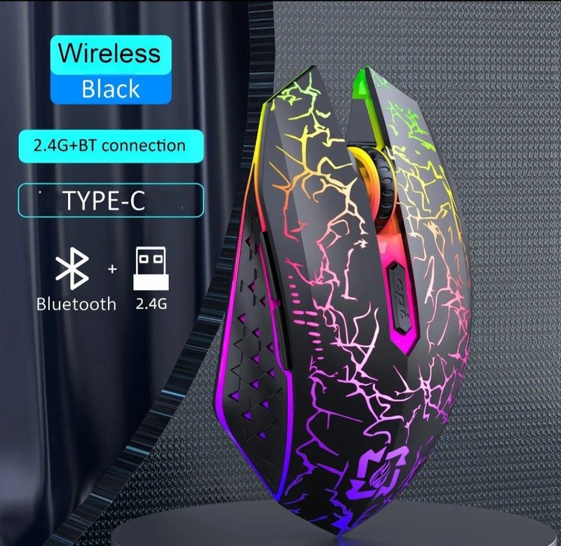 Wireless Gaming Mouse RGB Crack Design 2.4G+BT Rechargeable Type‑C 1600DPI – New