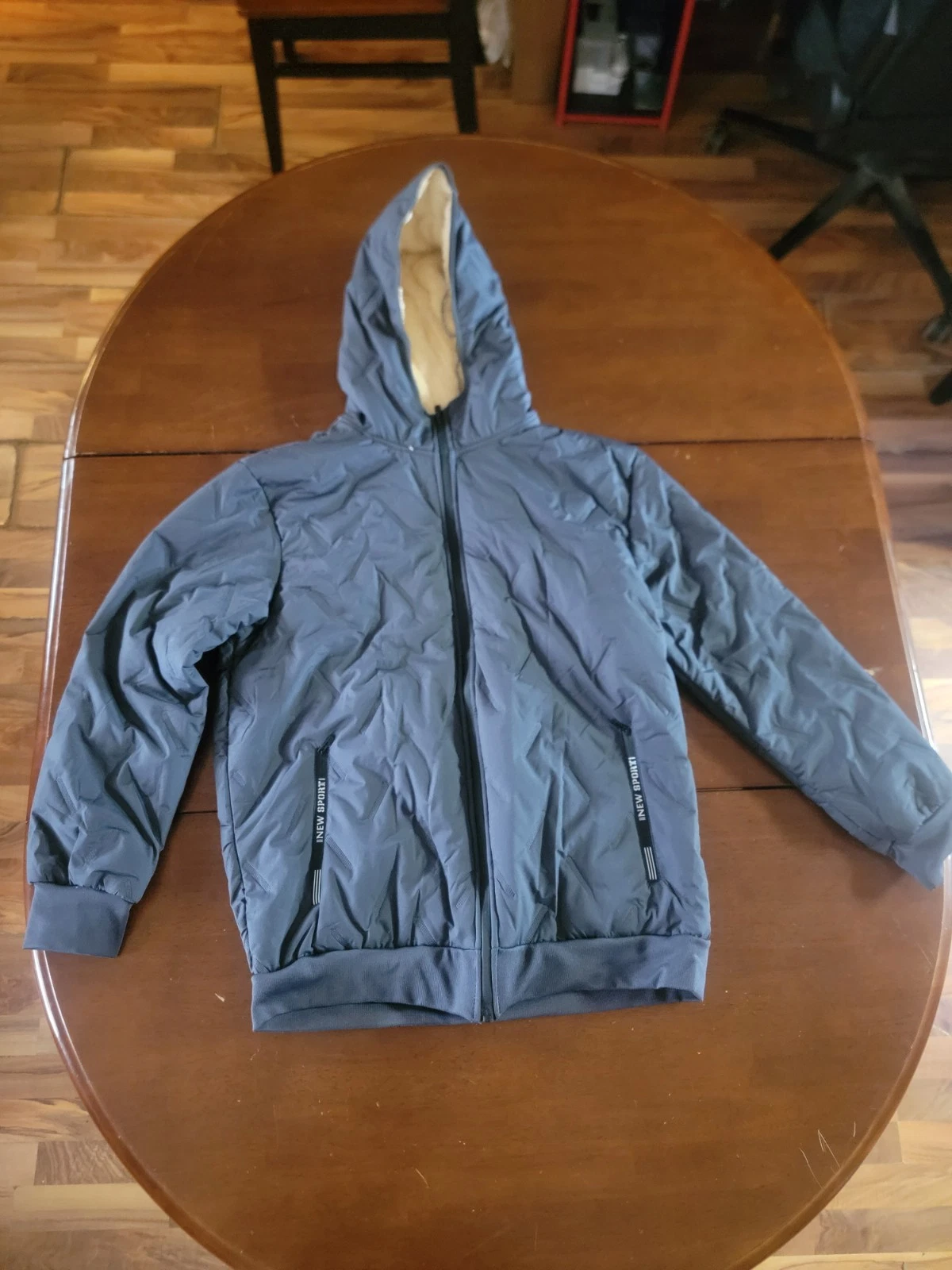 Mens Sherpa Lined Hooded Jacket Size XL Navy Blue Full Zip Winter Coat Fleece Li