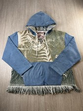 Handmade Upcycled Tapestry Denim Hoodie Cat Vintage Blanket Medium Blue