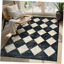Moroccan Trellis Area Rug - 3x5 Washable Black Entry Rug Non Slip Living Room