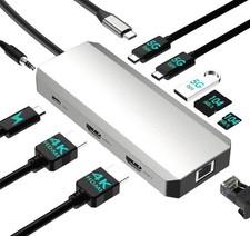 uSB-C Docking Station -1 into 10 - Dual HDMI, USB A/C, Data Card, 100W, Ethernet