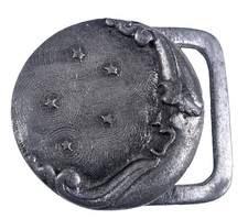 Vintage - Crescent Moon Face Small Pewter Belt Buckle Old timey 2x2.5" - B15
