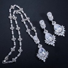 Wedding Jewelry White Gold Plated CZ Necklace and Earrings Bridal Jewelry Set