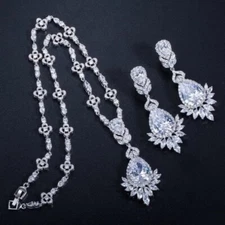 Wedding Jewelry  White Gold Plated CZ Necklace and Earrings Bridal Jewelry Set 
