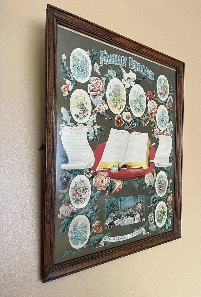 Antiguo colgante de pared de registro familiar victoriano enmarcado - matrimonios, nacimientos, muerte Foto 4 de 4