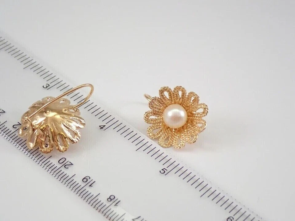 2Ct Round Cut Genuine White Pearl Vintage Estate Earrings 14K Yellow Gold Plated - Image 4 of 4