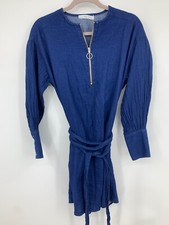MNG Denim XS small shirt dress blue long sleeve pockets tie shift career casual