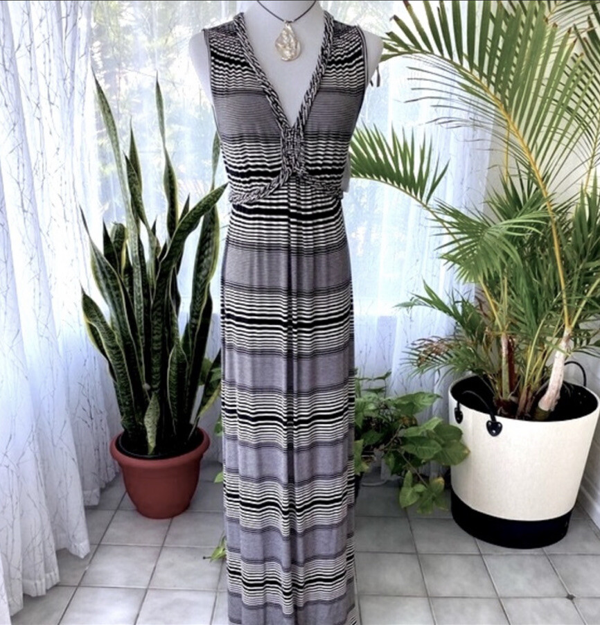 max studio striped v neck tie waist a line dress