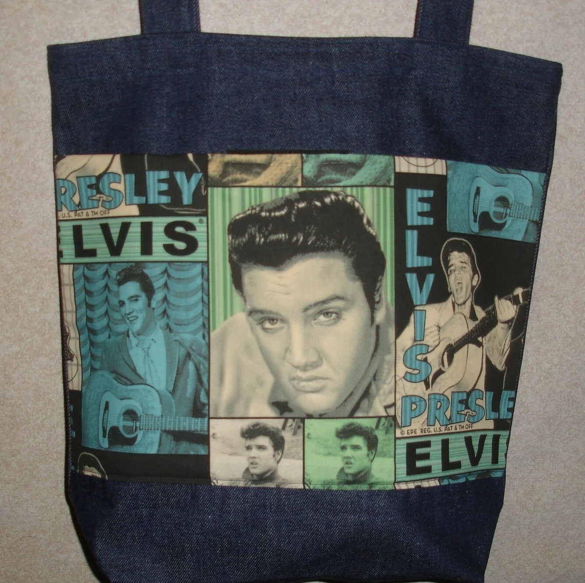 NEW Large Denim Tote Bag Handmade/w Elvis Presley Face Fabric