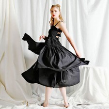 Women French Vintage Strap Open Back Pleated Skirt Long Slim Sleeveless Dress