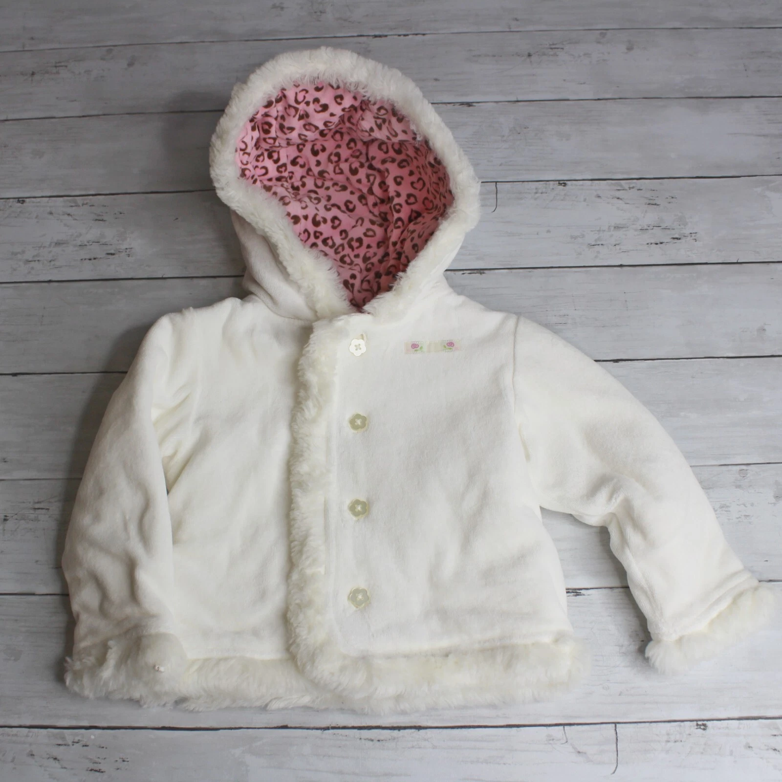 OFF WHITE Carter's giacca peluche vintage bambina taglia 24 mesi bianco sporco rosa cappotto pelliccia sintetica