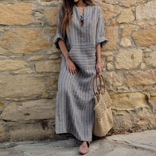 Women's Long Skirt with Cotton and Linen Yarn Dyed Striped Casual Loose Dress