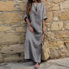 Women's Long Skirt with Cotton and Linen Yarn Dyed Striped Casual Loose Dress