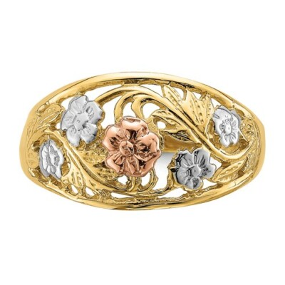 14K massiver dreifarbiger Goldring 3-farbig rosa/rosegelb weiß Kuppel Floral zierlich