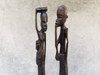 Handmade Pair of Congolese Luba Man & Woman Sculpture Wood Carvings 14'' Tall 