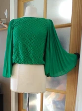 Pleated Sleeve Top Sheer Lace Bodice Bohemian  Peasant Sz S Green Esley Unique