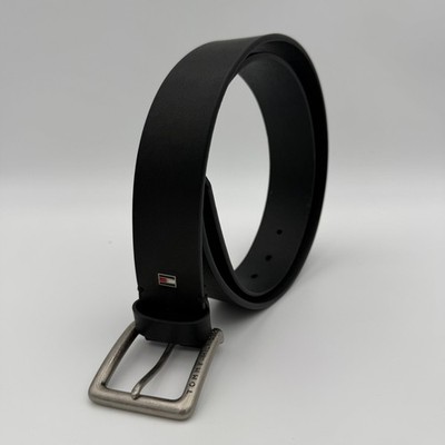 Tommy Hilfiger Mens Black Genuine Leather Belt Silver Buckle Logo Accent