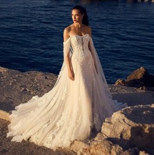 Elegant Off Shoulder Tulle Lace AppliqueWedding Dresses Sweep Train Bridal Gowns