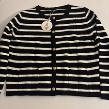 ANRABESS Women's Black White Striped Long Sleeve Button Up Sweater Size Large