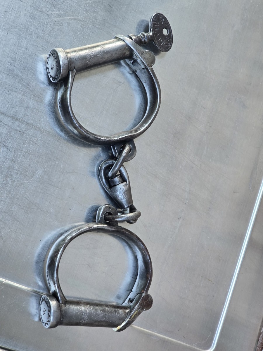 Antique Victorian Hiatt Hand Cuffs Warranted Wrought Key No37