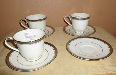 New Noritake Ardmore Platinum 7601 3 Cups and  4 Saucers -  Retired - Tea Coffee