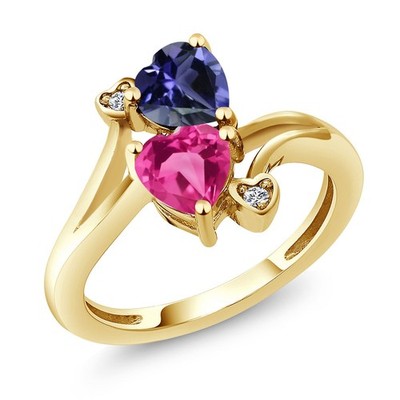 18K Yellow Gold Plated Silver Blue Iolite Pink Created Sapphire and White