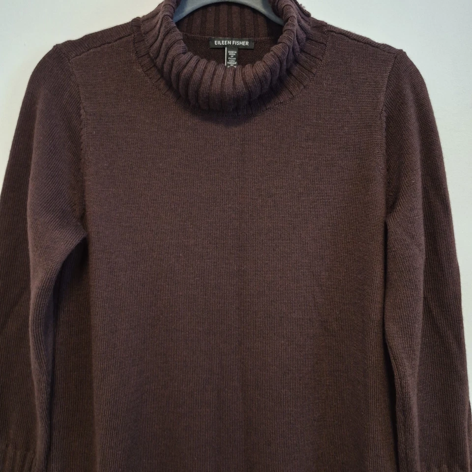 Vestido Suéter Eileen Fisher Lana Merino Cuello Alto Borgoña Marrón Midi Talla XS Foto 3 de 4