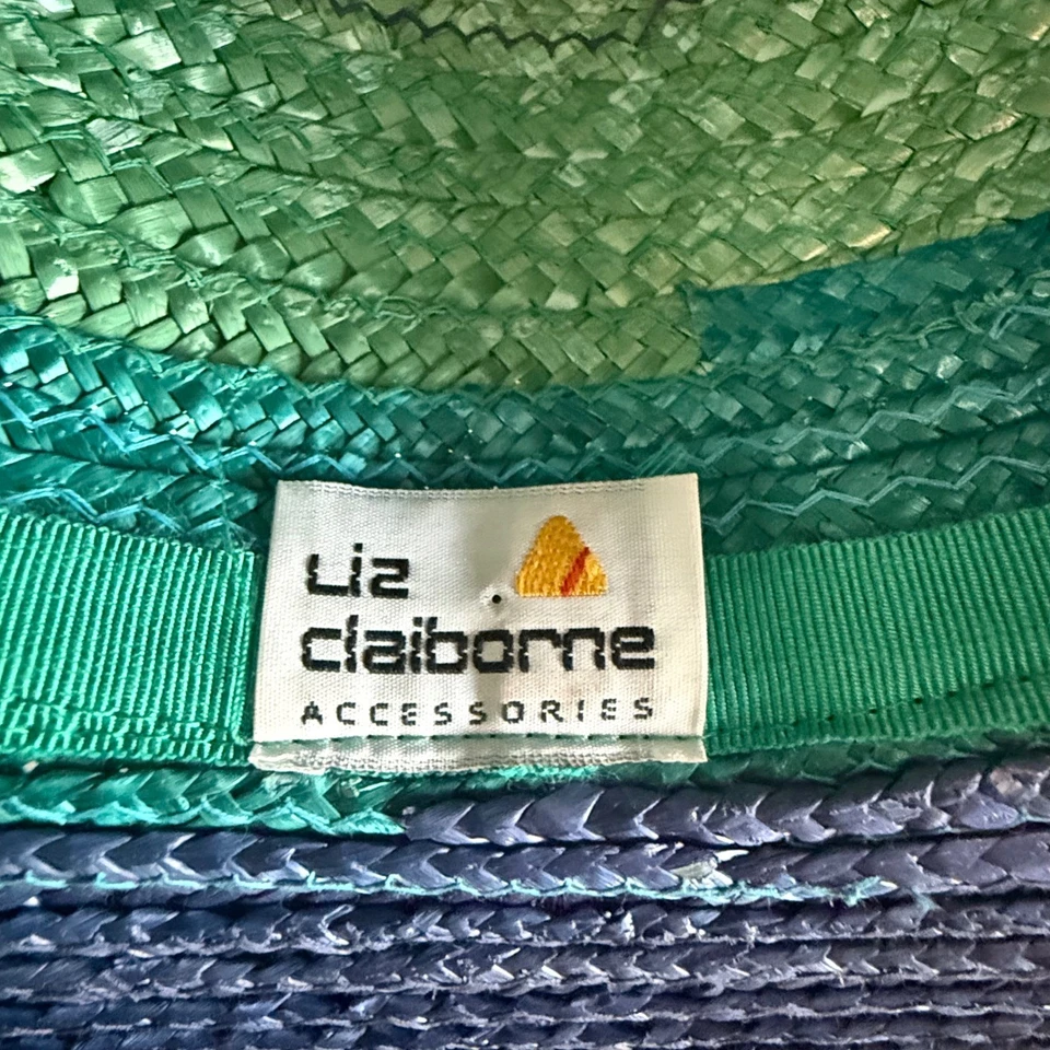 Sombrero de Paja Liz Claiborne Floppy Azul Verde Ombre Ala Ancha Sombrero para el Sol Foto 2 de 4